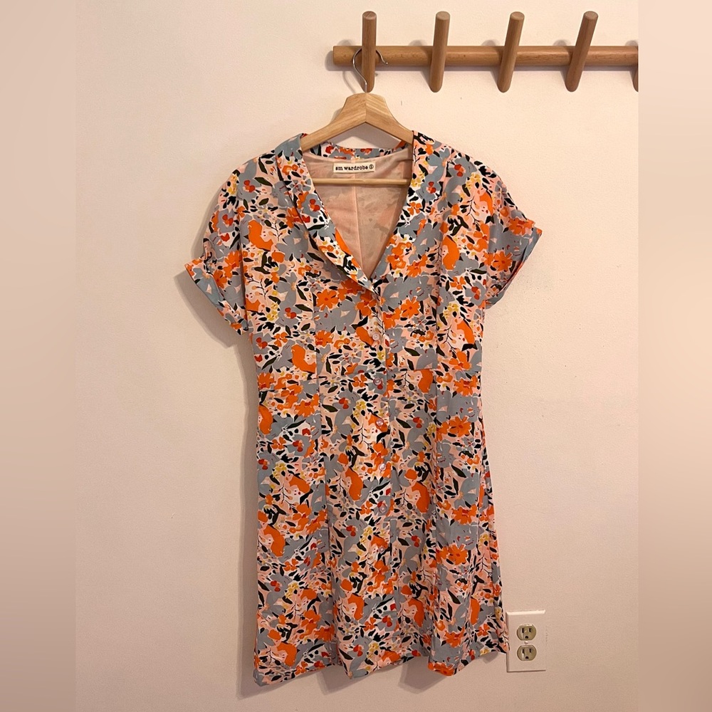 Floral print button down short sleeve dress
